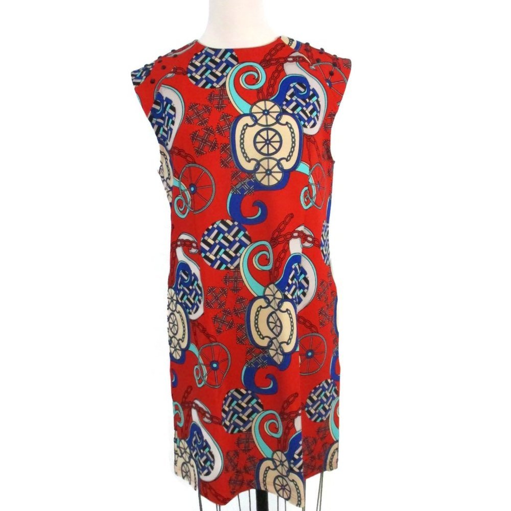 Tracy Negoshian Red Multicolor Sleeveless Shift Dress